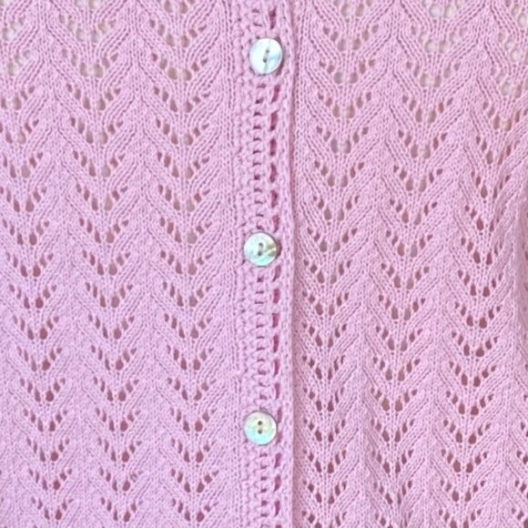 LL Bean Linen Blend Pointelle Knit Cardigan Pink Shell Buttons Cottagecore-M - Picture 6 of 11